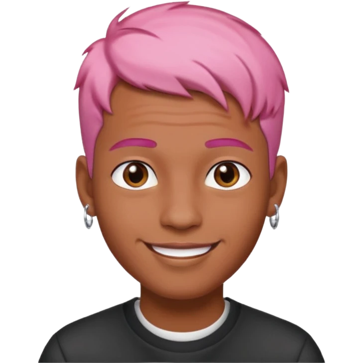 trendy man with brown skin, short pink hair, two earrings, friendly smile, iOS emoji style emoji
