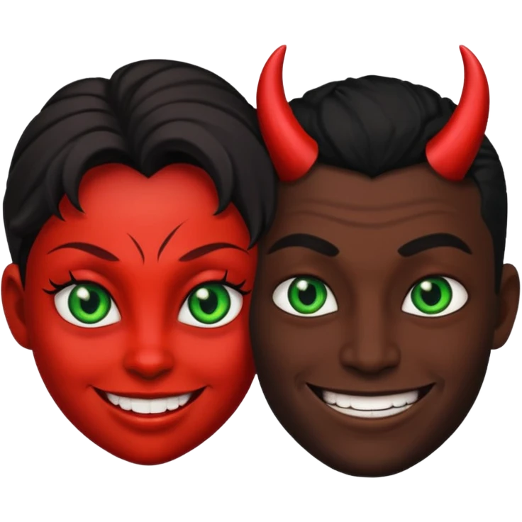 two evil persons (male and female) with devilish smile and black face and green eyes emoji