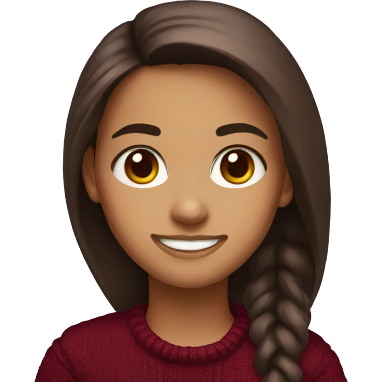 Girl with maroon sweater long brown hair brown eyes and smiling emoji