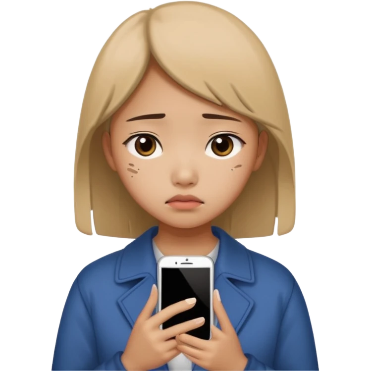 chinese teenage female having Heartbreak - feeling of deep sadness when love ends - holding cellphone emoji
