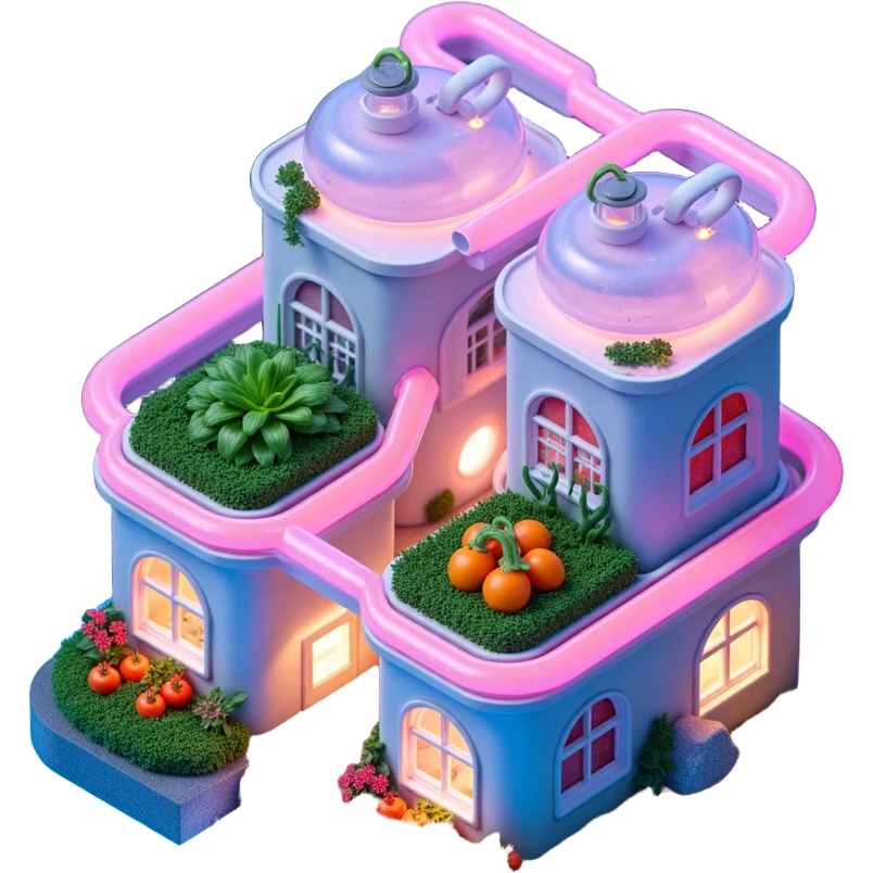 Exterior view of a futuristic farm building with glowing neon pipes and transparent water channels, sleek buildings shaped like nutrient tanks, vegetables and wheat growing in vertical layers, surreal atmosphere, emoji-style, cartoony emoji