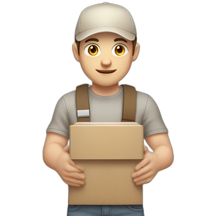 Pale skinned fit Man with dark brown hair in a beige cap, gray jeans, brown polo and white T-shirt keeping a pasted with tape white box into his hands emoji