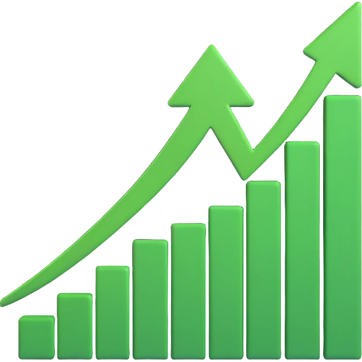 Add a green dollar sign to the stock buy signal emoji, keep the green upward arrow and money/chart elements, no text, preserve 3D style, with no background. emoji