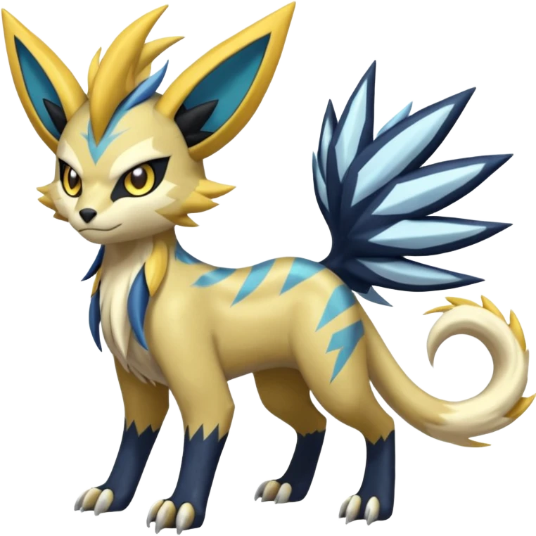 Feral Scaly Striking Slaying Badass Evil Handsome Lightning-patterned Zig-zagged buzzy fuzzy Meloetta-Renamon-Zeraora-Luxray-Cobalion-Absol-Vernid-fusion-hybrid-creature, full body  emoji