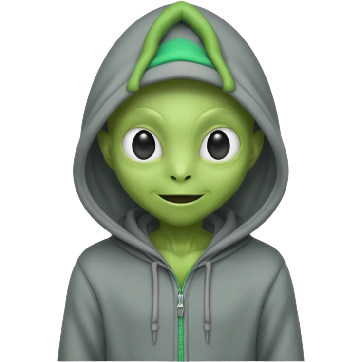 happy green alien in gray hoodie full height, wear hoodie hat emoji