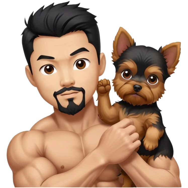  Holding yorkie Korean Asian handsome man with black pointy hair full goatee and body builder biceps emoji