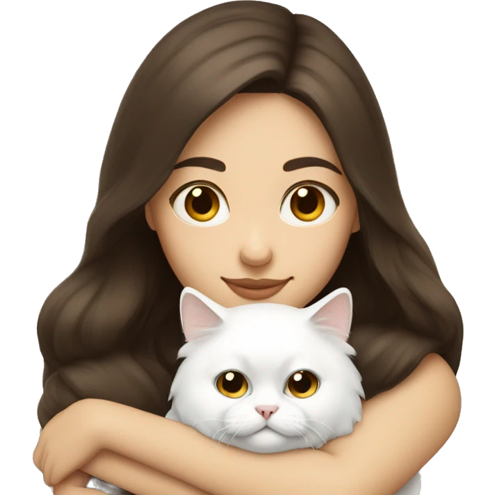 Brunette woman snuggling white Persian cat emoji