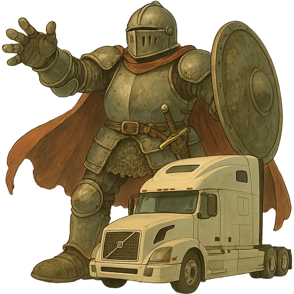 Transform Casper the ghost into a medieval knight in armor, much larger than the white semi truck, ghibli style with transparent background. emoji