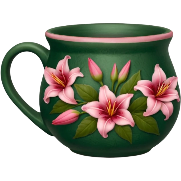 dark green pottery mug, no spoon, designed with dark red roses and pink lilies on it emoji
