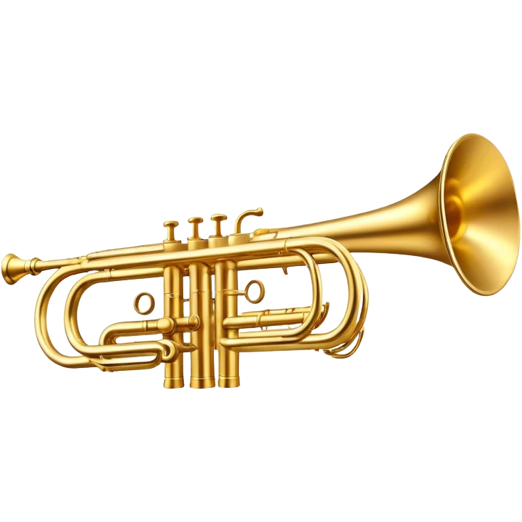 Cinematic Realistic Trumpet, rich golden brass with subtle tarnish marks, soft highlights emphasizing the intricate details, warm reflections of stage lighting bouncing off the metal, glowing with bold and triumphant energy. emoji