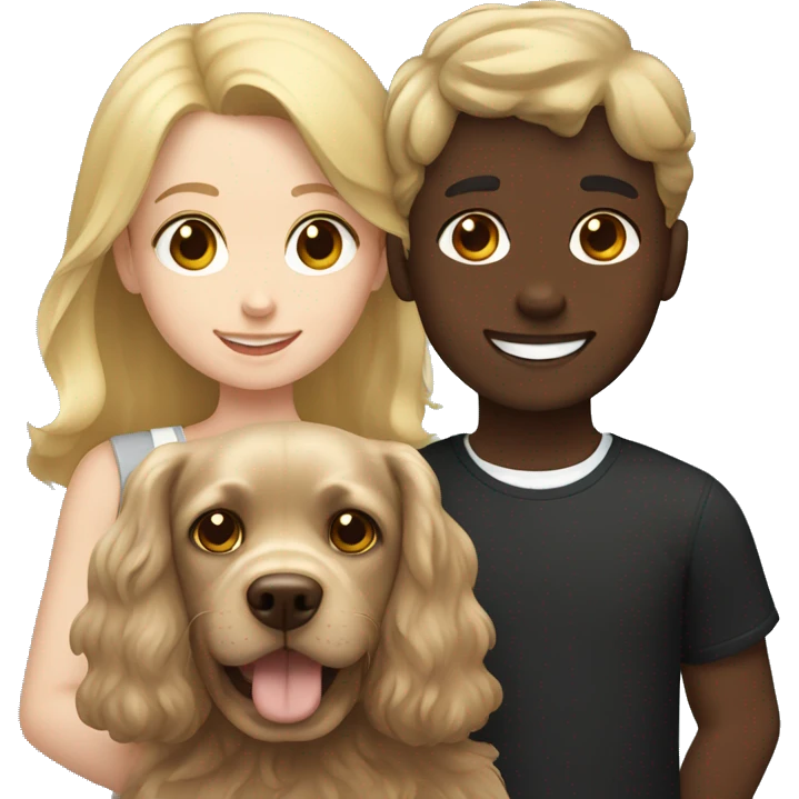 brown hair girl and Blond hair boy holding a black cocker spaniel emoji