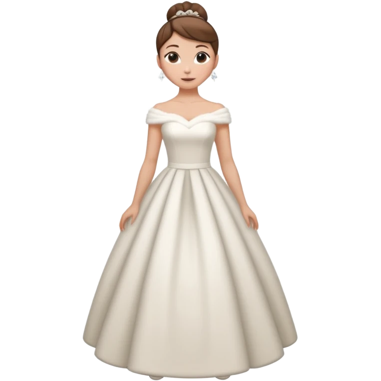 Chica blanca, cabello castaño, recogido en moño alto, vestido novia de invierno, cuerpo entero emoji