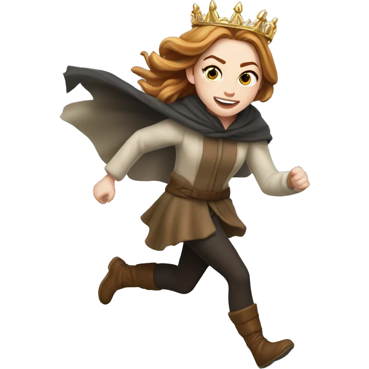 Emma Stone running, with a large stride and arms outstretched, wearing an icicle crown and winter cloak, long golden brown hair emoji