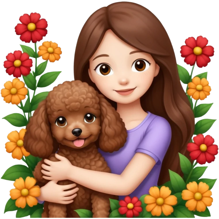 A beautiful girl with long straight hair happily hugs a brown toy  poodle in the flowers emoji