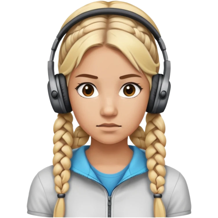 "- Nữ
- 20 tuổi
- Da nâu
- Tóc tết 2 bím, tóc vàng
- Đeo tai nghe
- Mặt nghiêm túc
" emoji