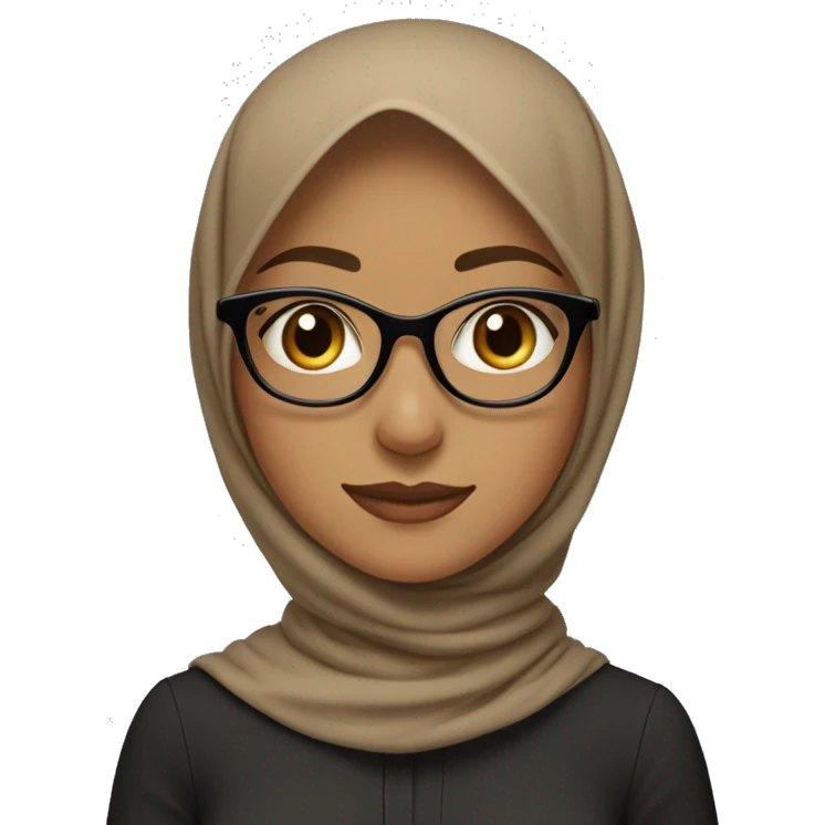 The image depicts a young woman wearing a light brown hijab and clear, round glasses. She is smiling softly, with a natural expression on her face. She is wearing a black outer garment,  emoji