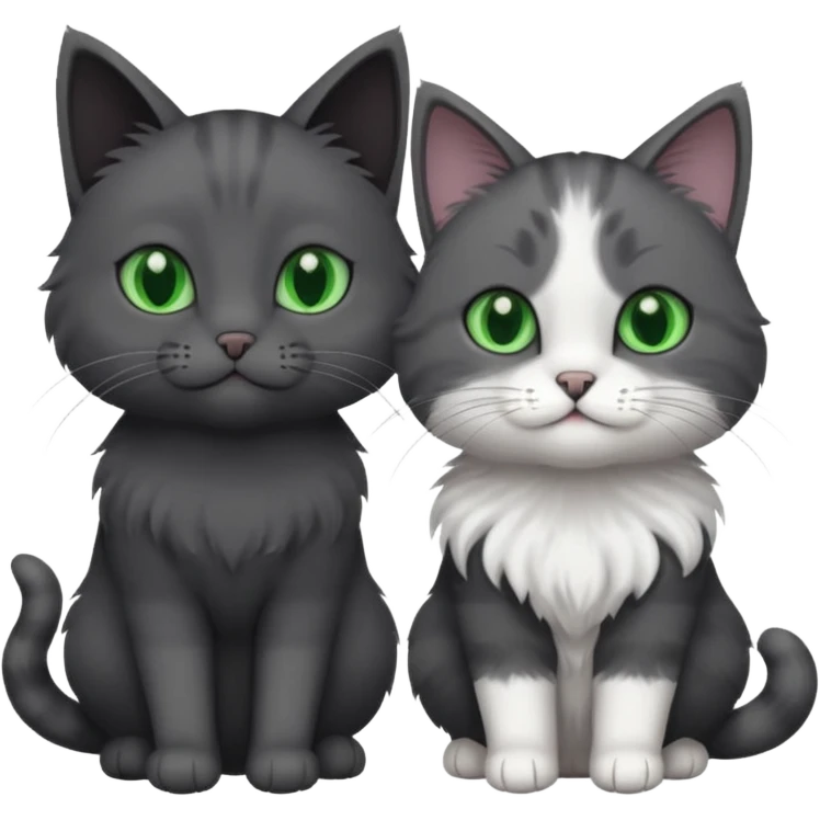 one dark grey and white cat and one completely solid dark grey cat with green eyes and only white paws emoji