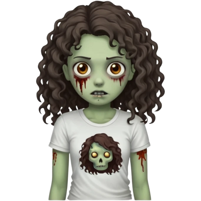 zombie girl with curly hair n brown eyes, dark and long hair 3a with wavy scalp, just a tshirt Ok but less curls and hair under te shoulder emoji