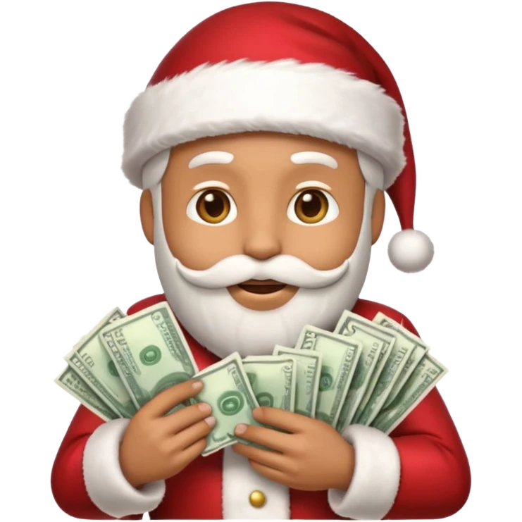 A confident rich emoji face wearing a Santa hat, money stacks, casino vibe, New Year theme, premium 3D emoji style, sharp details, no text, isolated on transparent background emoji