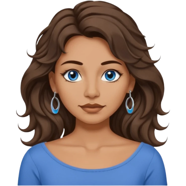 female emoji with long wavy brunette shag hair, blue-grey eyes, boatneck top, septum piercing emoji