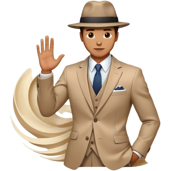 Ethereal male silhouette with suit jacket and hat, surrounded by flowing energy waves and subtle style elements, masculine fashion inspiration emoji