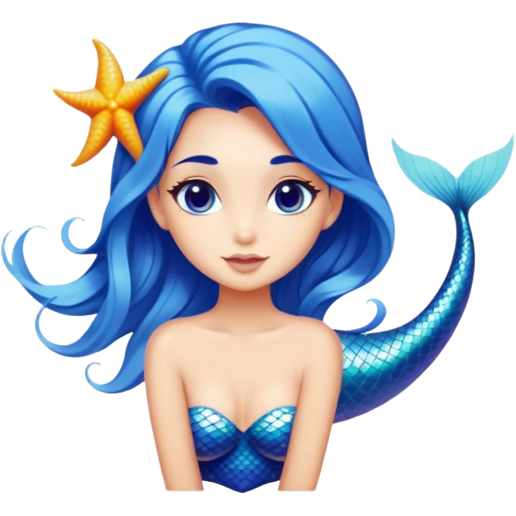 Cinematic Realistic Blue Hair Mermaid Portrait, depicted with lifelike, sun-kissed tanned skin that exudes a warm, radiant glow under gentle underwater lighting. Her intricately detailed, flowing blue hair cascades like a waterfall of ocean hues, framing deep, mesmerizing eyes that capture the vibrant spirit of the sea. Adorned with a shimmering tail and delicate tropical accents, the portrait features an enchanting underwater glow that blends realism with mythic coastal allure. emoji