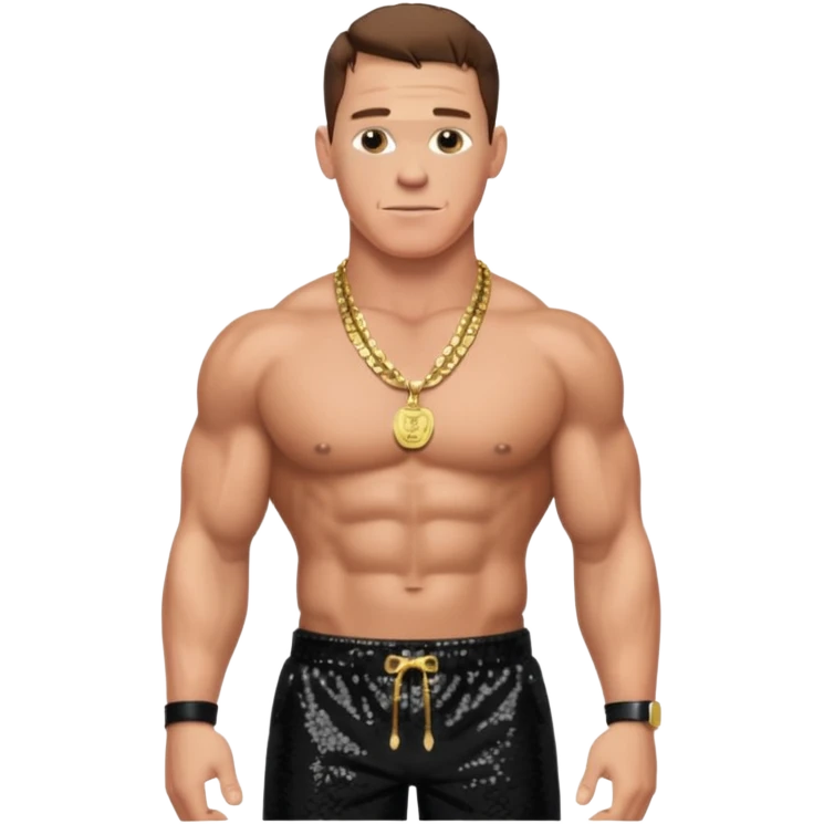 John Cena with black sequin baggy pants, shirtless with necklace, brown hair emoji