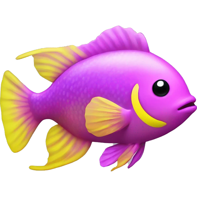tiny fish with purpleish pink front face and half front of body, neon yellow back half and black dot on top fin emoji