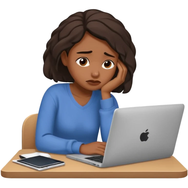 Create an emoji of a tired girl of african american descent, sitting at a laptop, looking exhausted and frustrated. They have slouched posture, representing overwork and burnout. emoji