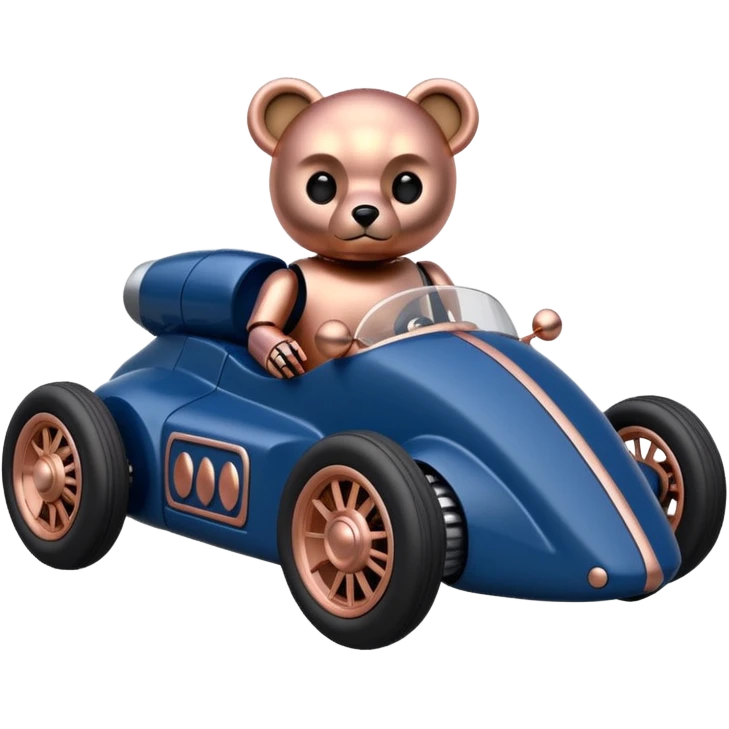 Real-proportional dark blue and rosegold-accented  retro racing car driven by furry-faced small evil alien scary robot teddy bear with rear spoiler (Star Wars style) emoji