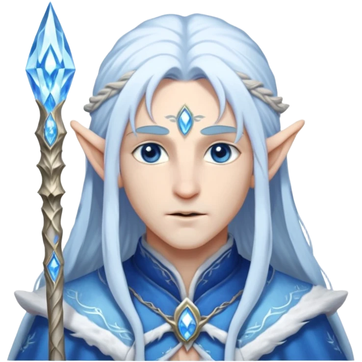 Legendary fantasy Christmas elf portrait icon, Santa Claus and Snow Maiden inspired, ancient winter spirit style, long flowing white-blue hair, glowing frost eyes, crystal staff, elegant elven features, divine winter magic aura, icy silver color palette, highly detailed but clean emoji icon male emoji