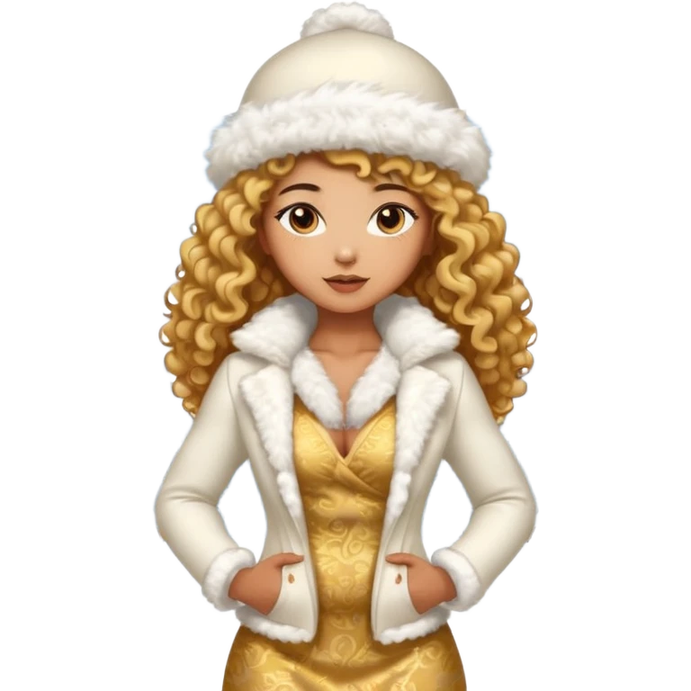 sexy and muscled tanned asian girl, golder curly hair, in winter fluffy white and gold dress-suit, in winter fluffy hat, winter snow and ice around emoji