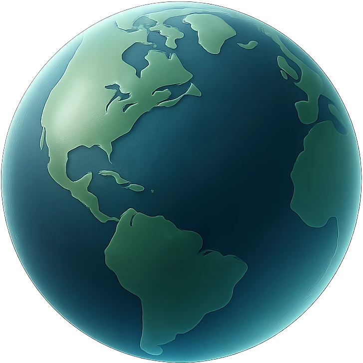 Earth planet with blue oceans and green continents, matte glass style emoji