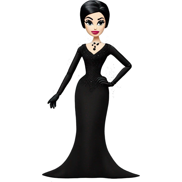 Audrey Hepburn as Sabrina Barbie.Morticia Addams. Show full body. Embroidered long black gown with accessories jewelry and gloves  emoji