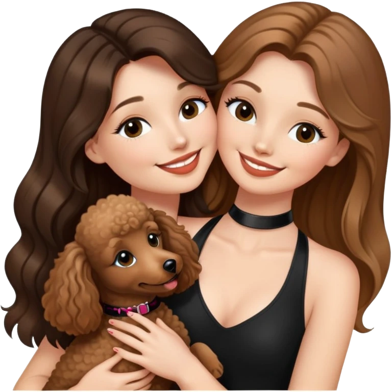 a girl with long balayage straight hair and long lashes, smiling, wearing black halterneck top, and holding and kissing a brown poodle emoji