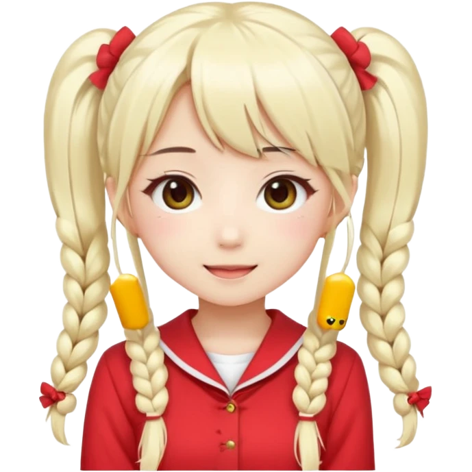Cute kawaii emoji-style Japanese K-pop girl, long platinum blonde hair in twin tails, red outfit, Japanese K-pop idol vibes, big sparkling eyes, chibi proportions, clean lineart, pastel colors, cheerful idol smile, sticker/emoji style, transparent background emoji