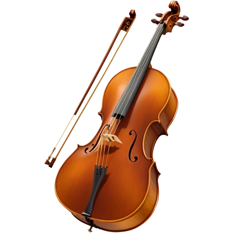 Create a refined and detailed emoji representing a Cremona cello with a bow. The design should feature the smooth, polished wooden body of the cello with a deep, rich tone color. The strings and tuning pegs should be visible, emphasizing the instrument's fine craftsmanship. Add a delicate bow placed gently across the strings, with intricate detailing on the hair and frog. Include subtle musical notes around the cello to evoke the graceful, classical sound. Use warm wood tones and accents like gold and silver for a professional, elegant look. The background should be transparent. emoji