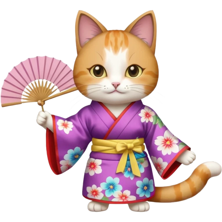 A cat in kimono-style outfit, opening a floral fan with gentle poise. emoji