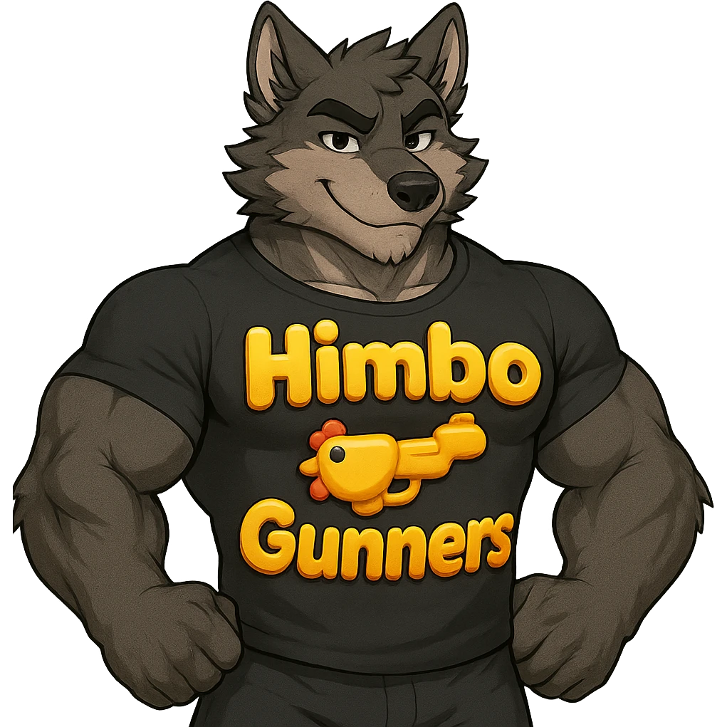 muscular wolf furry wearing a t-shirt that says 'Himbo gunners' in 3D emoji style emoji