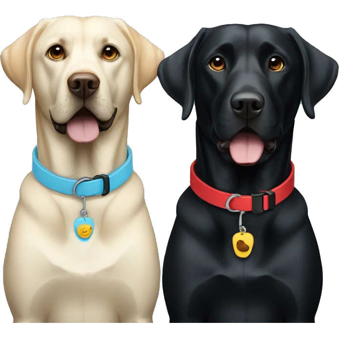 black-coloured labrador on the left with red collar, black-coloured labrador on the right with light blue collar. emoji
