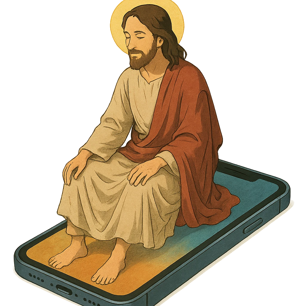 Jesus sitting on an iPhone, detailed, ghibli style emoji