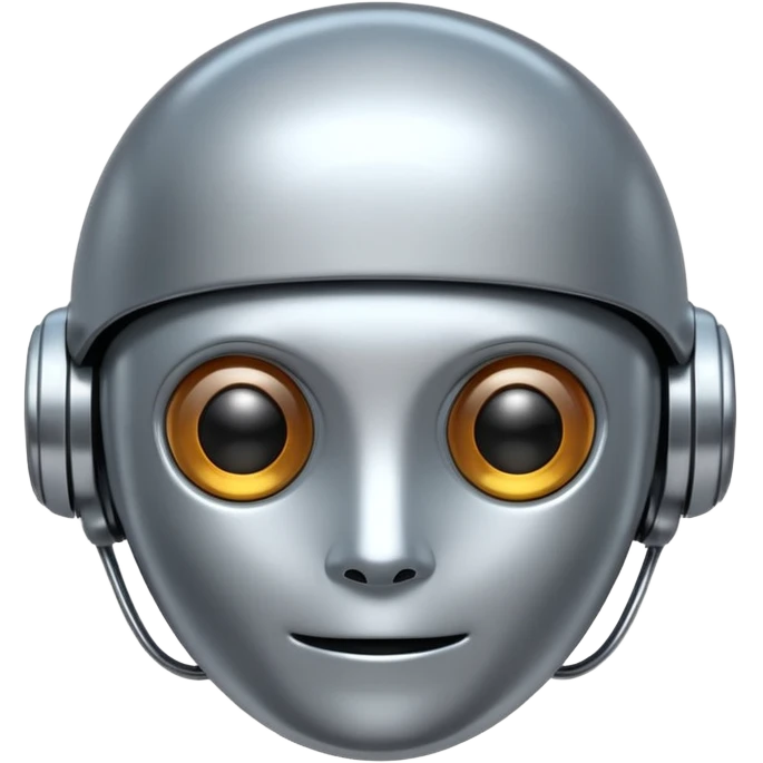 A cute futuristic robot emoji made of silver chrome, rounded friendly body, minimal facial features, glossy metallic surface, soft reflections, iOS emoji style, centered, clean white background emoji