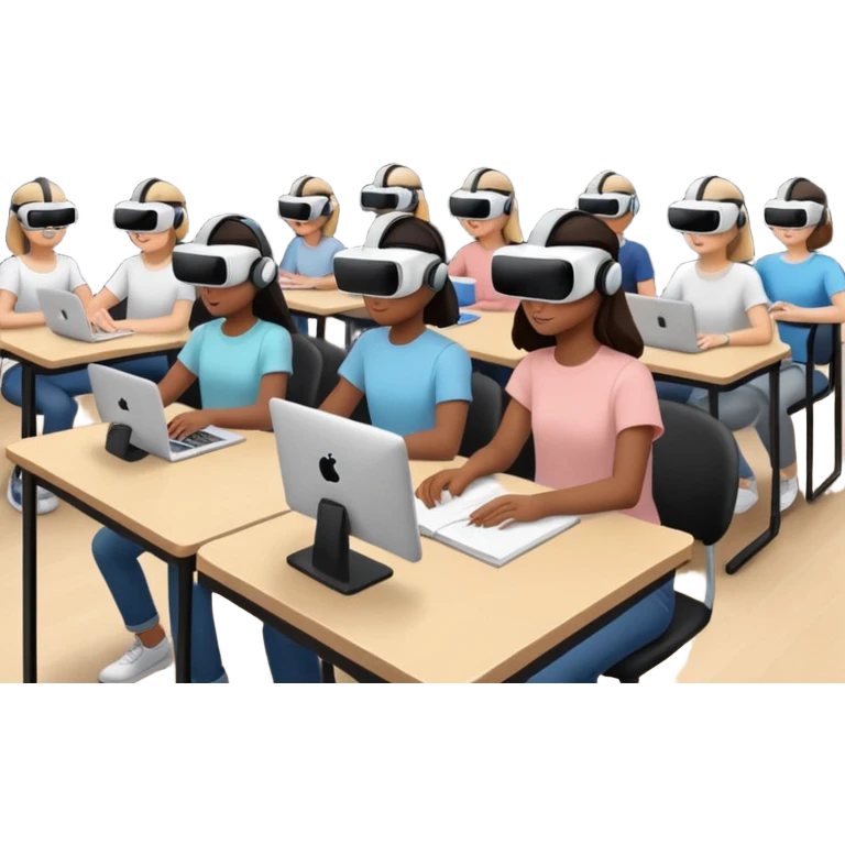 Birdseye view of large study space with students working separately add students wearing Virtual reality headsets emoji