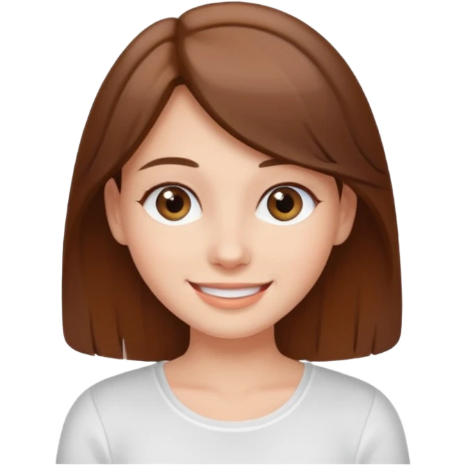 A brown-haired gray-eyed girl in a white top smiling emoji