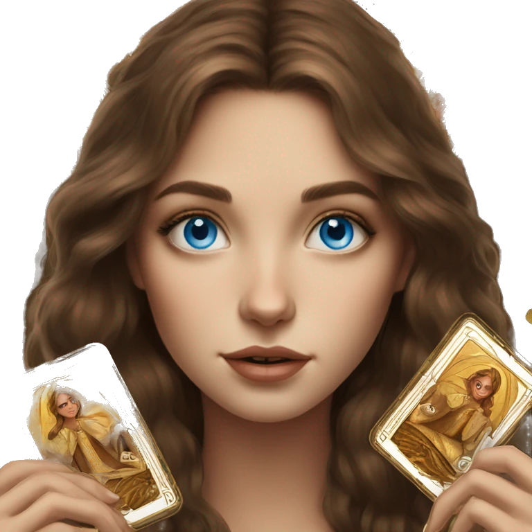 Brown hair blue eyes beautiful girl with brown tarot gold cards emoji