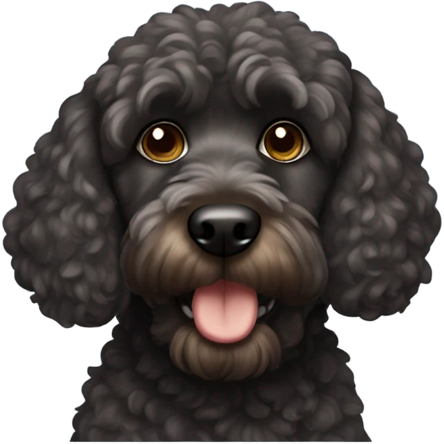Black cockapoo wearing a sweatshirt with brown eyes emoji