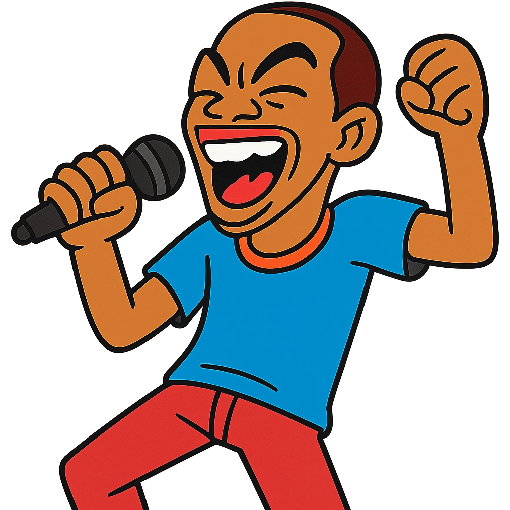 IceJJFish, vibrant toon style, holding a microphone, energetic pose emoji