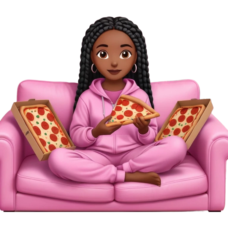 A dark-brown-skinned Black woman with black box braids, sitting on a pink couch, holding an open pizza box.She’s wearing comfy loungewear, looking relaxed and enjoying her food. emoji