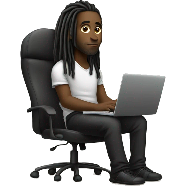 Black-guy-with-dreads-wearing-black-trackstuit-sitting-down-on-chair facing-foward-focused-on-laptop-computer- emoji