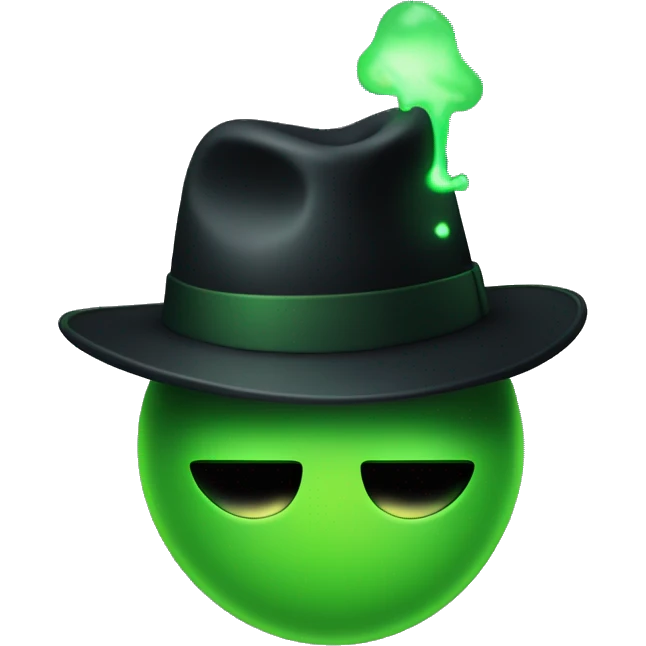 flushed with a green glowing face, wearing a black fedora hat emoji